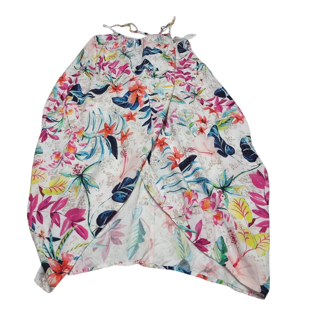 Mynah Floral Halter Asymmetrical Hem Dress Viscose Tropical Faux Wrap Sz M NWT - Picture 3 of 8